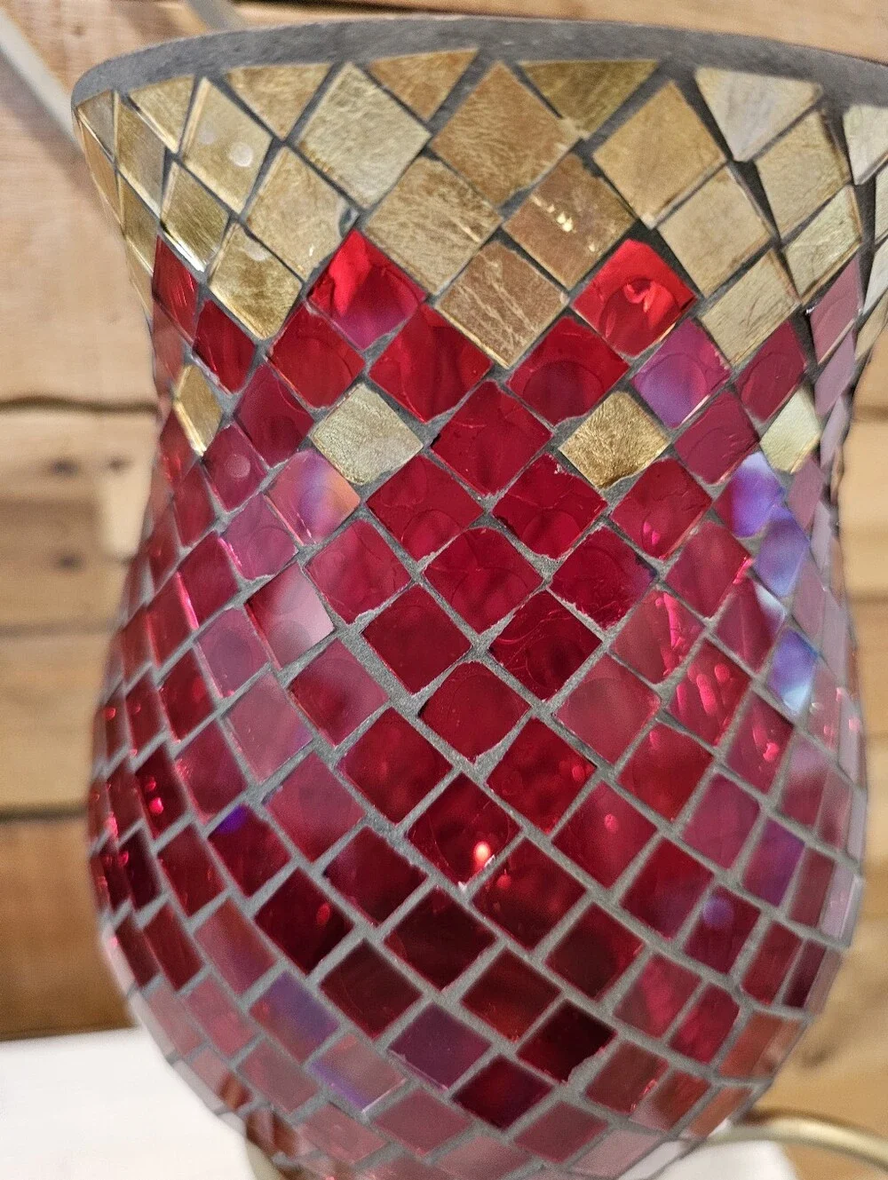 🐕 Red & Gold Mosaic Glass Hurricane Candle Holder with Gold Metal Stand